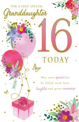 Paper Rose Special Granddaughter 16th Birthday Card - Age 16 - Giftbox Balloons Flowers and Butterflies with Foil Details