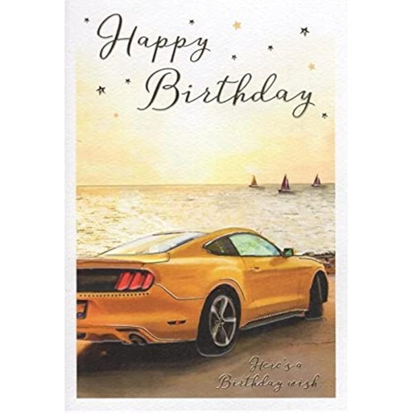 Attractive Open Male Birthday Card From the Essence Range - Sports Car - Sophisticated Gold Foil Finish