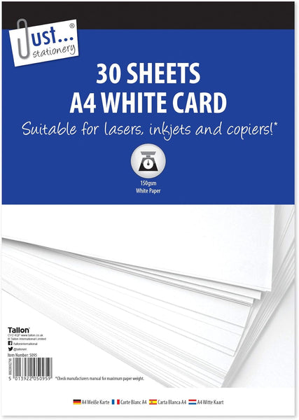 A4 White Card – 30 Sheets of 150gsm | Thick Craft & Printer Card for School & Office