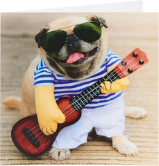 Funny Greetings Card For Him/Her/Friend With Envelope - Blank Inside - Pug & Ukulele Design