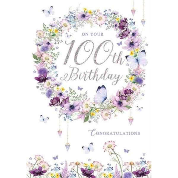 Pizazz Pretty Female Birthday Card From the Range - On Your 100th Birthday - Artistic Floral Wreath and Butterflies - Stunning Flitter and Foil Finish - Greeting Card For Her (NQ-DS609)
