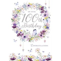 Pizazz Pretty Female Birthday Card From the Range - On Your 100th Birthday - Artistic Floral Wreath and Butterflies - Stunning Flitter and Foil Finish - Greeting Card For Her (NQ-DS609)