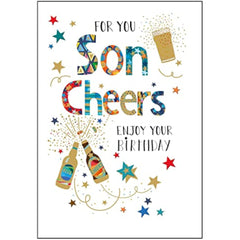 Nigel Quiney Contemporary Male Relation 'Happy Birthday' Greeting Card - Son Cheers - From The Party Time Range - With A Gold Foil Finish