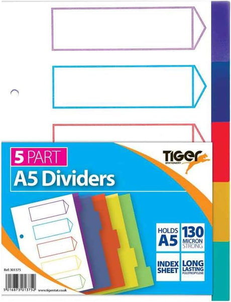 A5 5 Part Polypropylene Dividers – Colour-Coded Index Tabs for Organising Documents