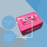4" Pink Cash Box with Coin Slot and Lift out 6 Compartment Coin Tray