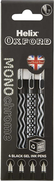 Helix Oxford Monochrome Black Gel Pens - Pack of 4 | Smooth Black Ink for Everyday Writing