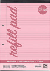 Rhino Pink Paper Refill Pad 8mm feints & margin A4 50 Leaf 100 pages (Pack of 6)