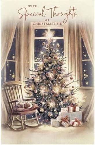 Christmas Card Special Thoughts Tree Presents and Sleeping Cat