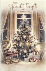 Christmas Card Special Thoughts Tree Presents and Sleeping Cat