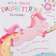 Cute Jumping Unicorn and Rainbow Design Daughter Birthday Card