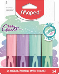 Maped Pastel Glitter Highlighters – Pack of 4 | Assorted Pastel Neon Markers with Sparkle