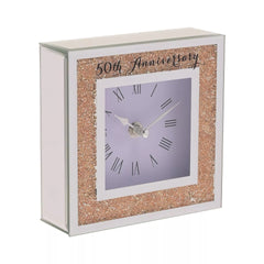 50th Wedding Anniversary Mantel Clock – Gold Crystal Rim, Roman Numerals, Elegant Glass Design – Golden Anniversary Gift for Couples