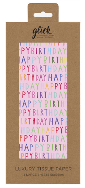 Glick Four Sheets of Luxury Pink Happy Birthday Tissue Paper for Gift Wrapping. Each Sheet When Opened 750 x 500 mm