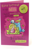 Funny Wife Birthday Card – Blue & Pink Birds Design with Badge