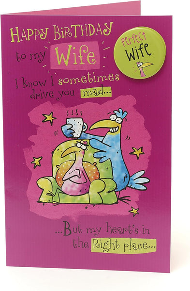 Funny Wife Birthday Card – Blue & Pink Birds Design with Badge