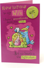 Funny Wife Birthday Card – Blue & Pink Birds Design with Badge