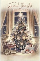 Christmas Card Special Thoughts Tree Presents and Sleeping Cat