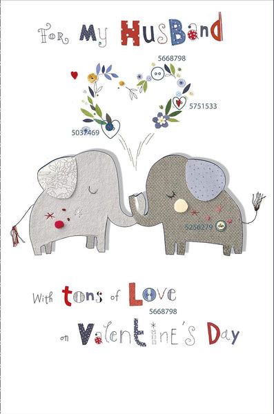 Husband Valentines Day Card With Envelope - Cute Elephant Design
