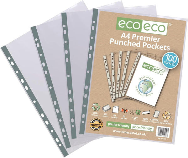 A4 Multi-Punched Pockets – 100% Recycled, 90 Microns – Pack of 100 Eco-Friendly & Durable Sleeves