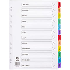 A4 Pre-Printed Tabs Multi Punched January to December Reinforced Multi-Colour Index