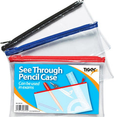Small 8x5" Flat Clear Exam Pencil Case – Assorted Zip Colours – Transparent Stationery Pouch