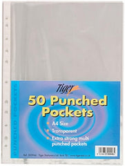 Tiger A4 Punched Pockets – Pack of 50 Clear Plastic Sleeves for Ring Binders