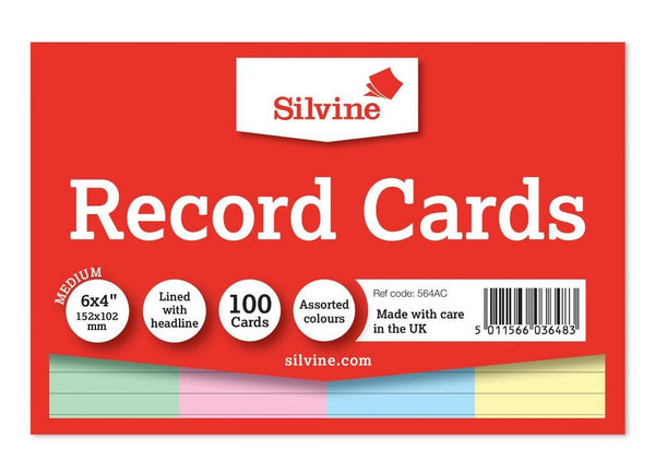 Ruled Assorted Coloured 100 Record Cards 152x101mm