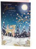 Sister Christmas Card with Envelope - Lovely, Cute, Design with Deer and Robin