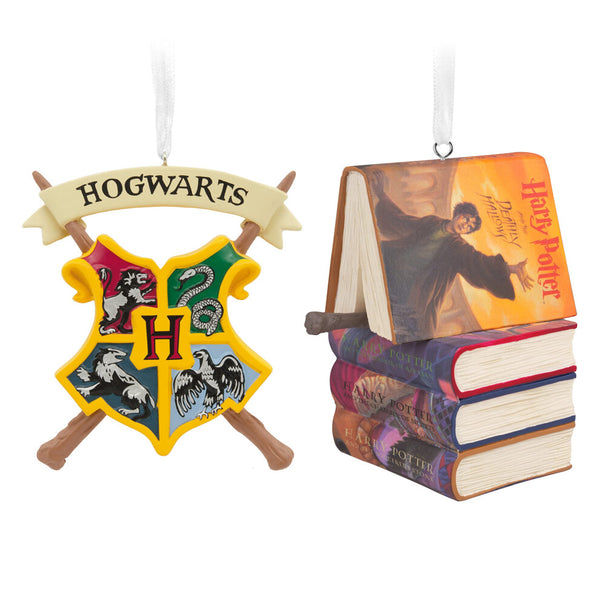 Harry Potter Hogwarts Crest & Stacked Books with Wand Christmas Ornaments Set of 2