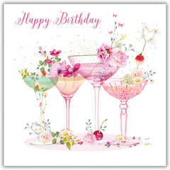 Open Female Birthday Greeting Card from the Pizazz Range - Floral Cocktails - Foil Finish - for Her