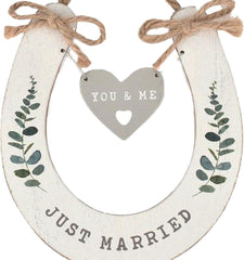 Just Married Wedding Horseshoe White with Hanging Heart