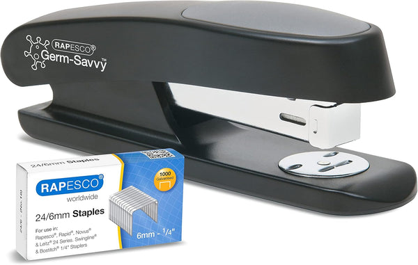 Rapesco Germ-Savvy™: ECO Sting Ray Half Strip Stapler incl. 1000 x 24/6mm Staples - Black