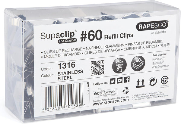 Rapesco Supaclip 60 Bulk Pack Stainless Steel Refill Clips (250pcs)
