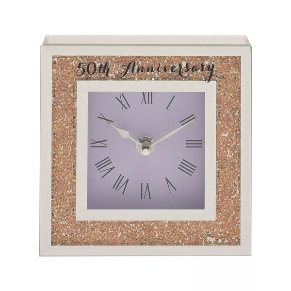 50th Wedding Anniversary Mantel Clock – Gold Crystal Rim, Roman Numerals, Elegant Glass Design – Golden Anniversary Gift for Couples