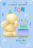 Cute Teddy Bear Birthday Card for Son – Stars, Cake & Party Hat Design