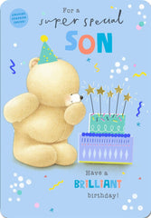 Cute Teddy Bear Birthday Card for Son – Stars, Cake & Party Hat Design