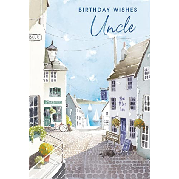 Nigel Quiney 'Uncle' Birthday Card for Men - Watercolour Cobbled Street Coastal Scene with Foil Detail - Eco-Friendly & Recyclable