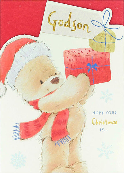 Teddy Bear with Present Design Godson Christmas Card
