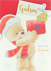 Teddy Bear with Present Design Godson Christmas Card