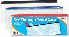 Small 8x5" Flat Clear Exam Pencil Case – Assorted Zip Colours – Transparent Stationery Pouch