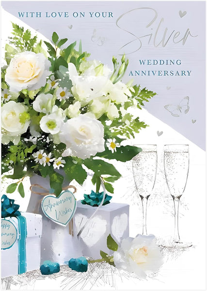 25 Years - Floral Bouquet, Presents and Butterflies Embossed with Foil Details