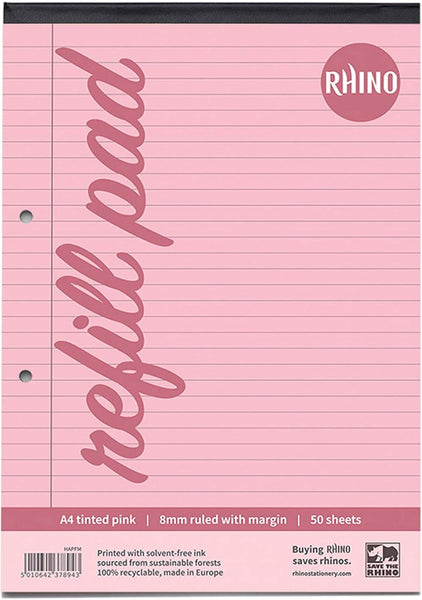 Rhino Pink Paper Refill Pad 8mm feints & margin A4 50 Leaf 100 pages