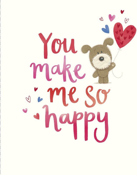 Open Valentine's Day Card - Lots of Woof Holding Heart-Shaped Balloon - You Make Me So Happy - Red Foil Finish - For Him or Her