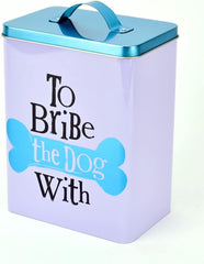 Fun & Humorous Dog Treat Storage Tin – ‘To Bribe the Dog With’ – 22.5cm, White, Black & Metallic Aqua Blue