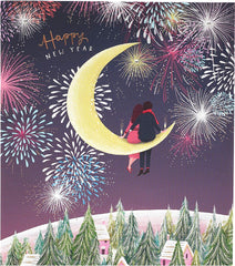 Couple Sitting On Half Moon New Year Christmas Card