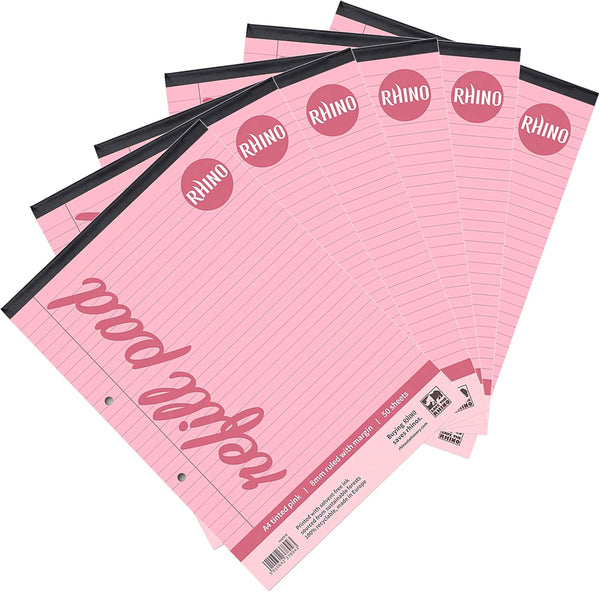 Rhino Pink Paper Refill Pad 8mm feints & margin A4 50 Leaf 100 pages (Pack of 6)