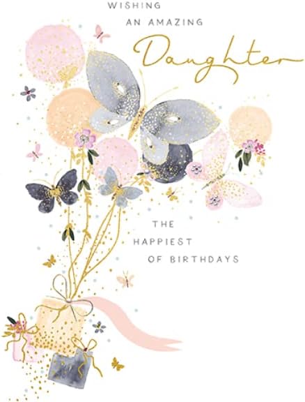 Paperlink Artistic 'Happy Birthday' Daughter Card - Butterflies and Presents - Gold Foil Finish