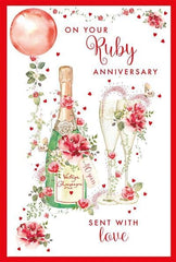 40th Milestone Ruby Anniversary Card - 40 Years - Champagne, Flowers and Balloon with Foil Finish - Eco-Friendly and Recyclable