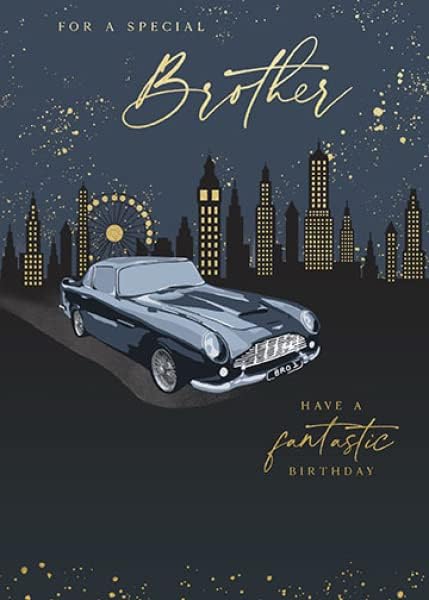 Paperlink 'Special Brother' Male Birthday Card for Men - Classic Car and City Skyline With Gold Foil - Eco-Friendly and Recyclable