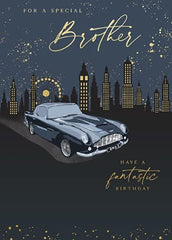 Paperlink 'Special Brother' Male Birthday Card for Men - Classic Car and City Skyline With Gold Foil - Eco-Friendly and Recyclable